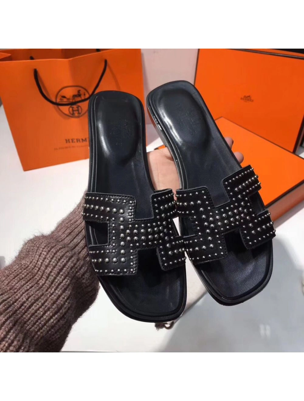 Hermes Oran Studs Sandals In Black Leather