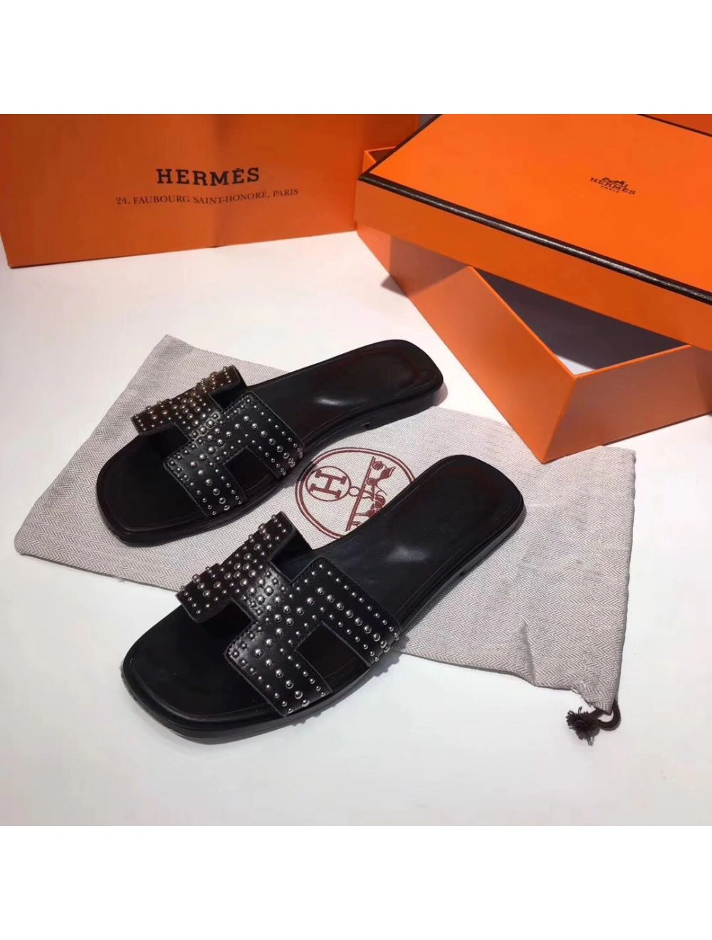 Hermes Oran Studs Sandals In Black Leather