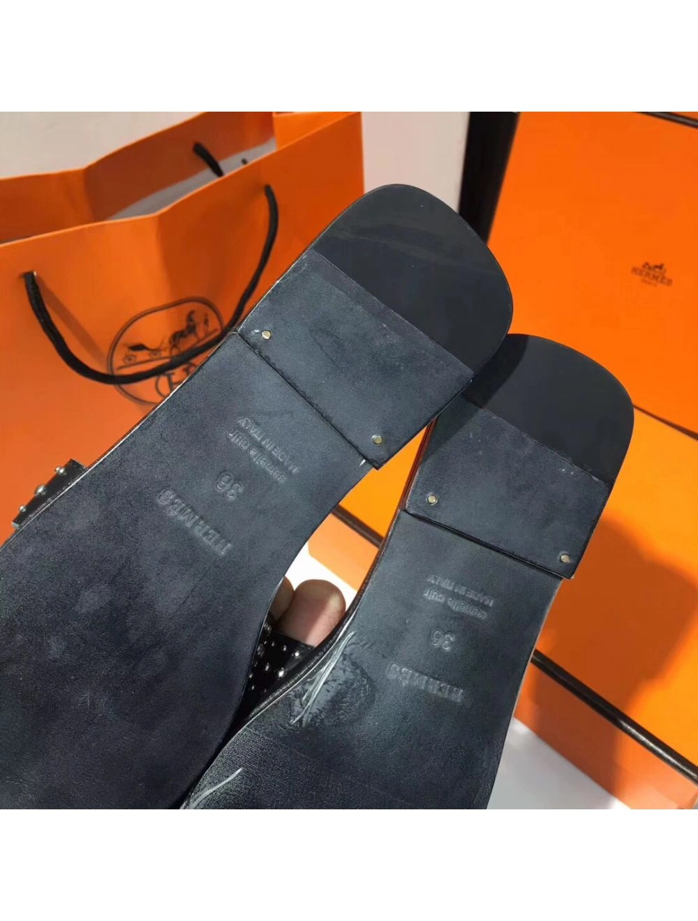 Hermes Oran Studs Sandals In Black Leather