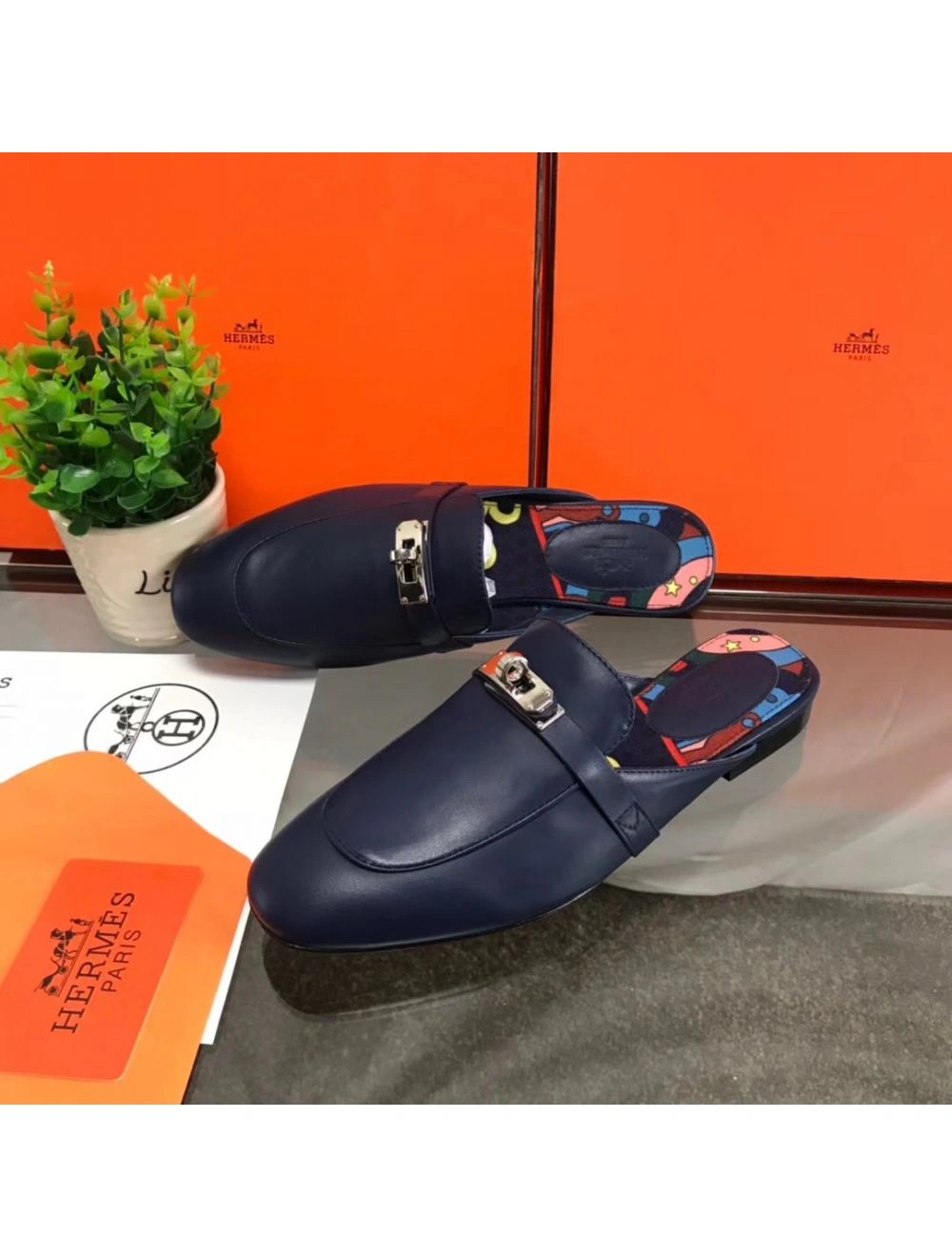 Hermes Oz Mules In Dark Blue Calfskin