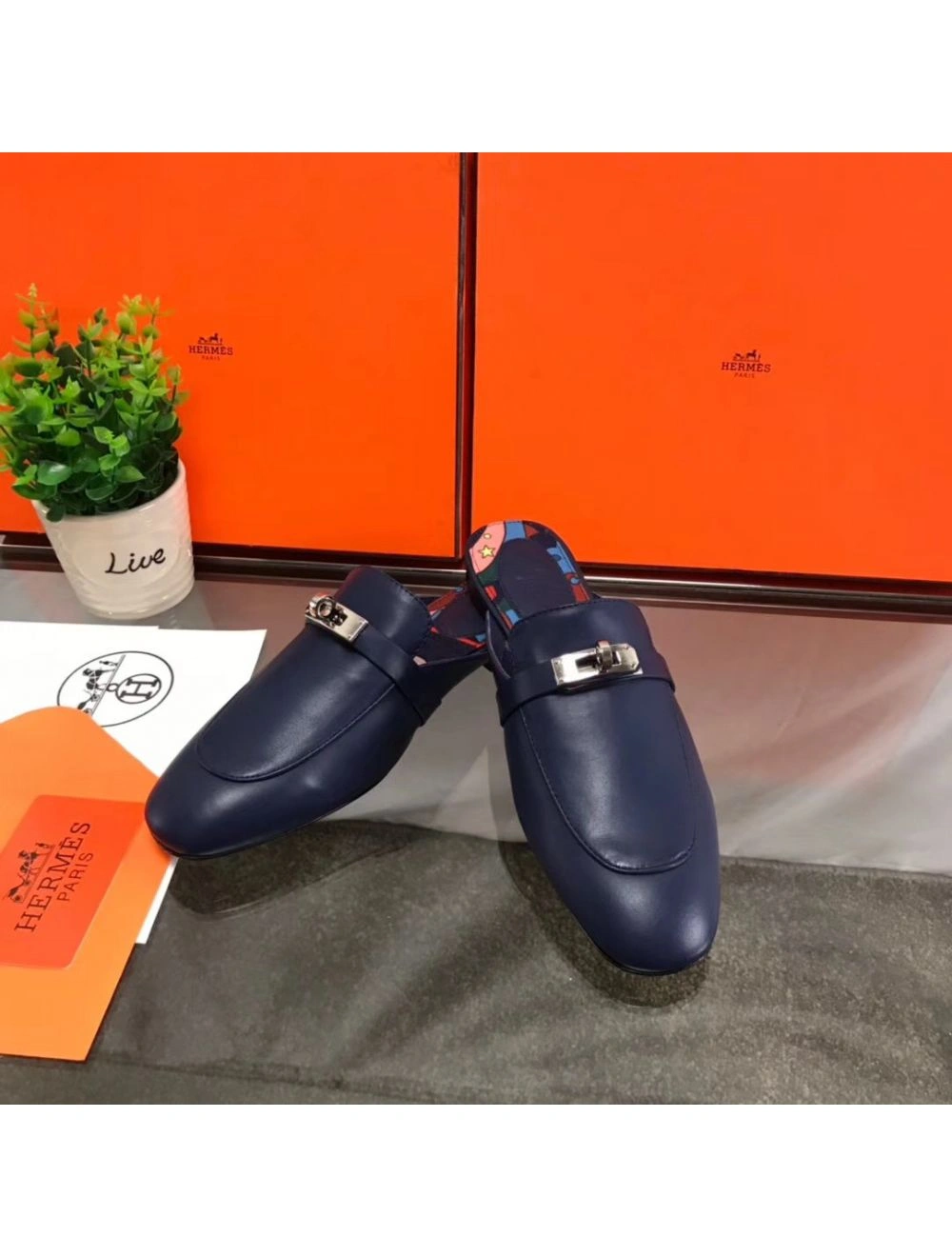 Hermes Oz Mules In Dark Blue Calfskin