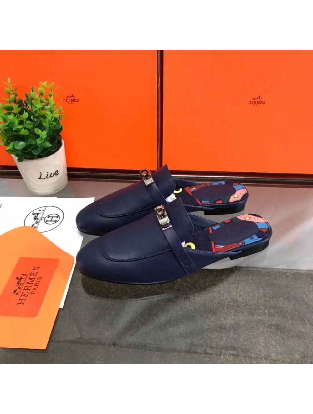 Hermes Oz Mules In Dark Blue Calfskin