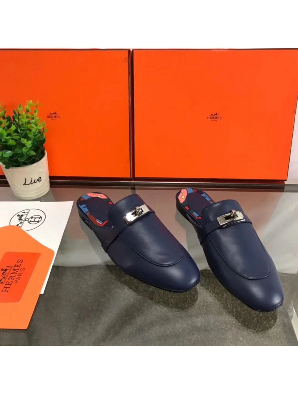 Hermes Oz Mules In Dark Blue Calfskin