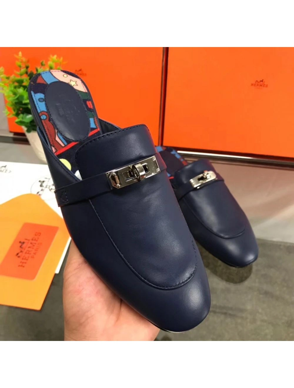 Hermes Oz Mules In Dark Blue Calfskin