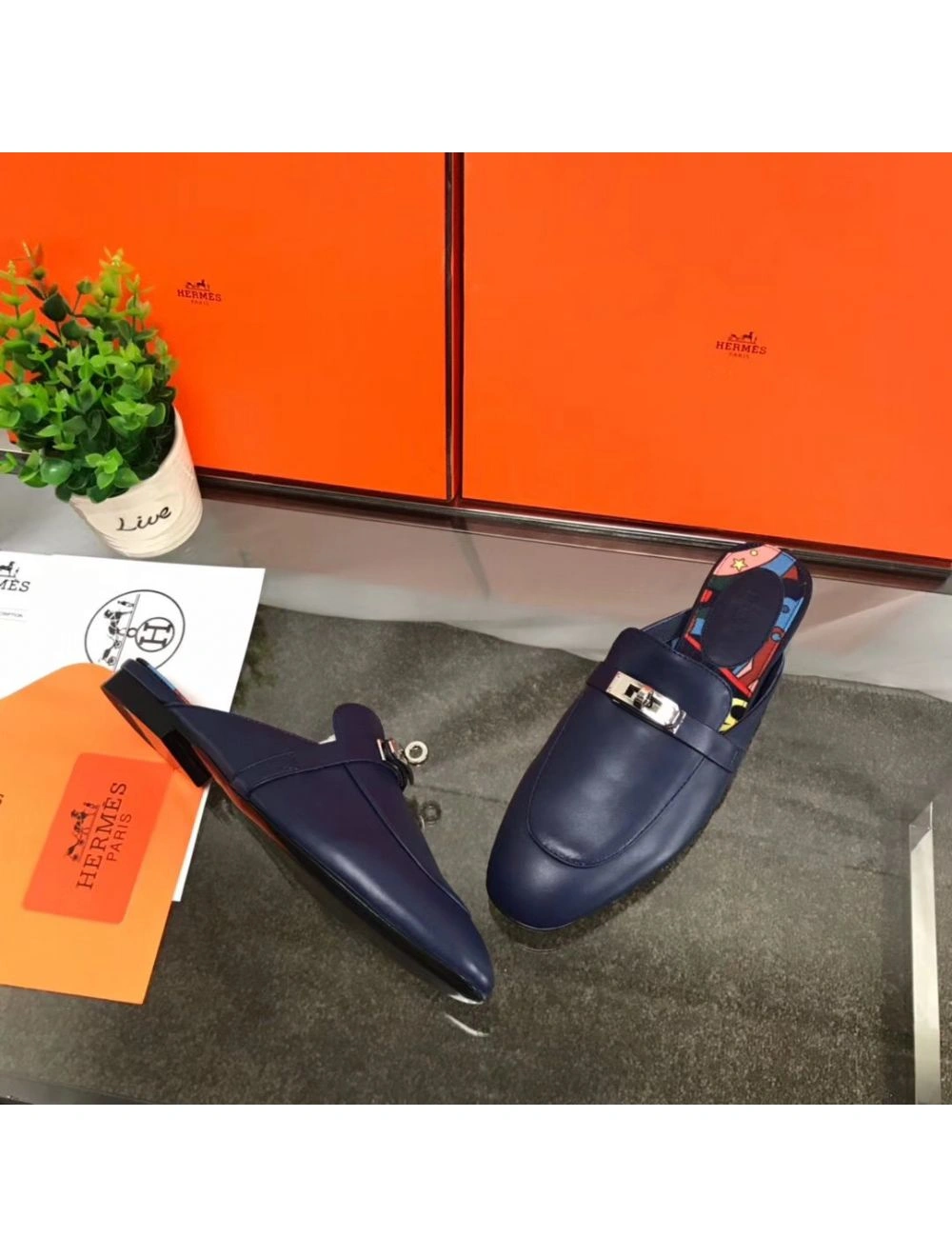 Hermes Oz Mules In Dark Blue Calfskin