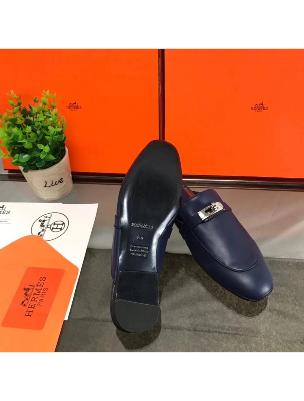 Hermes Oz Mules In Dark Blue Calfskin