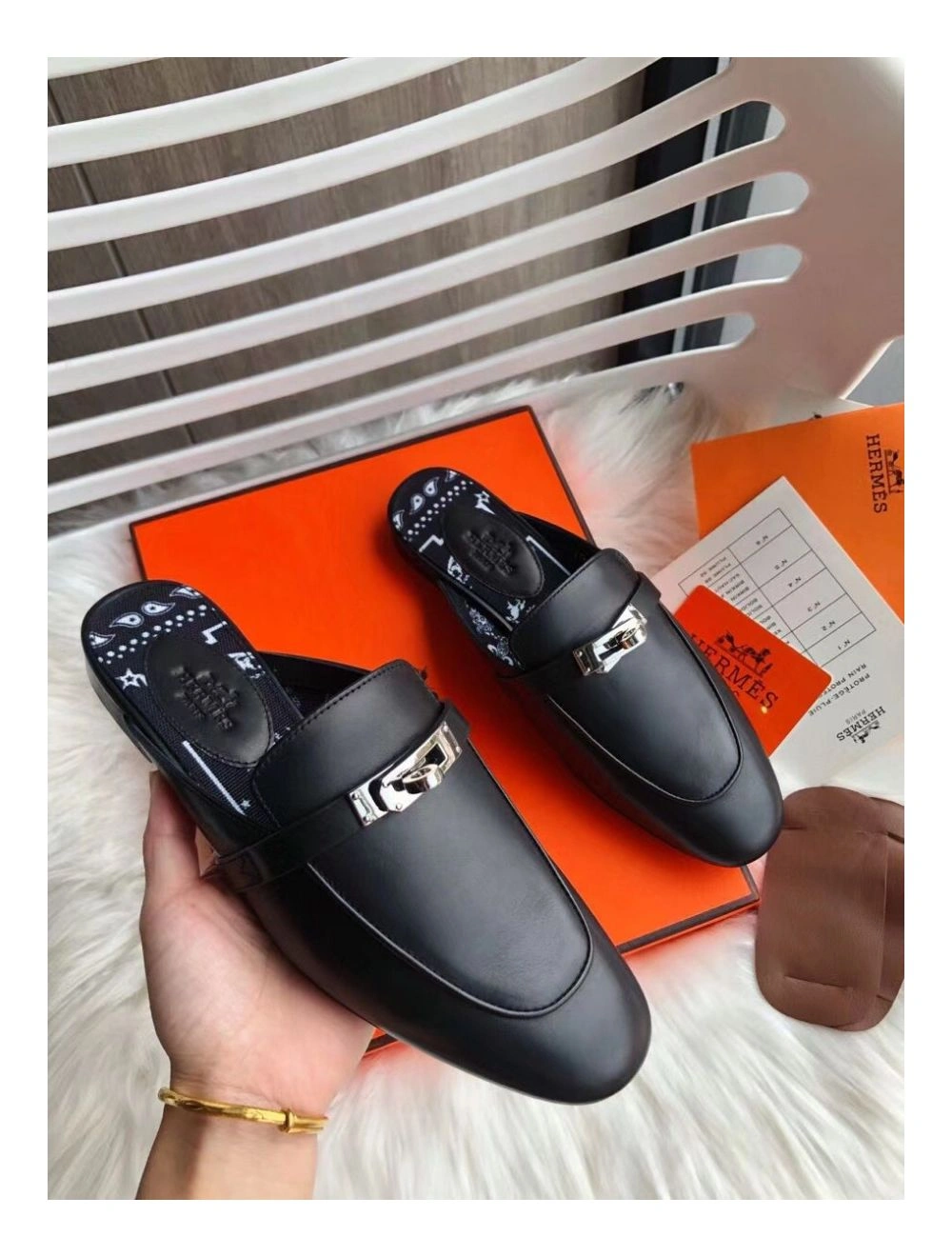 Hermes Oz Mules In Noir Calfskin