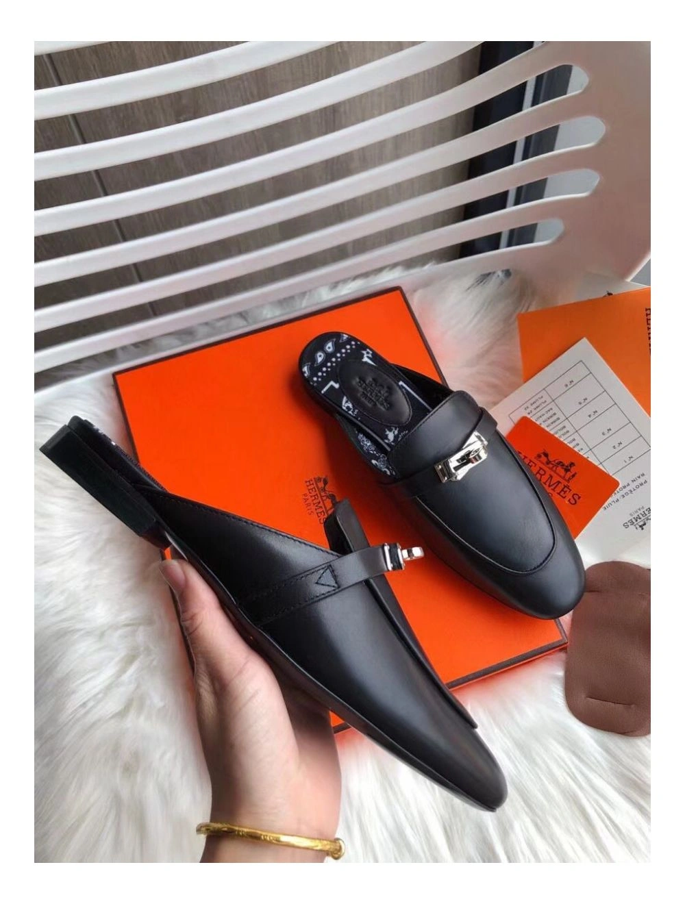 Hermes Oz Mules In Noir Calfskin