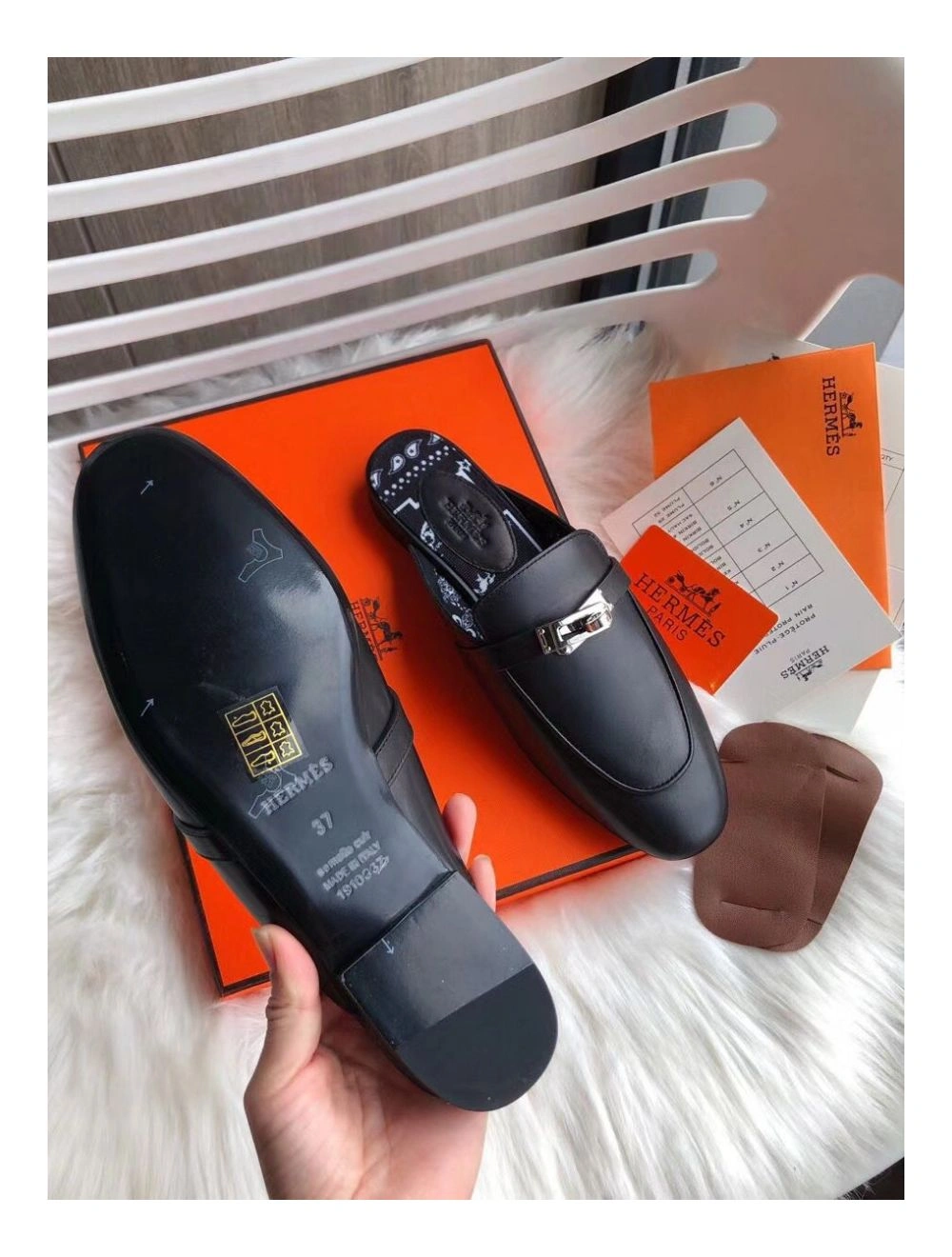Hermes Oz Mules In Noir Calfskin