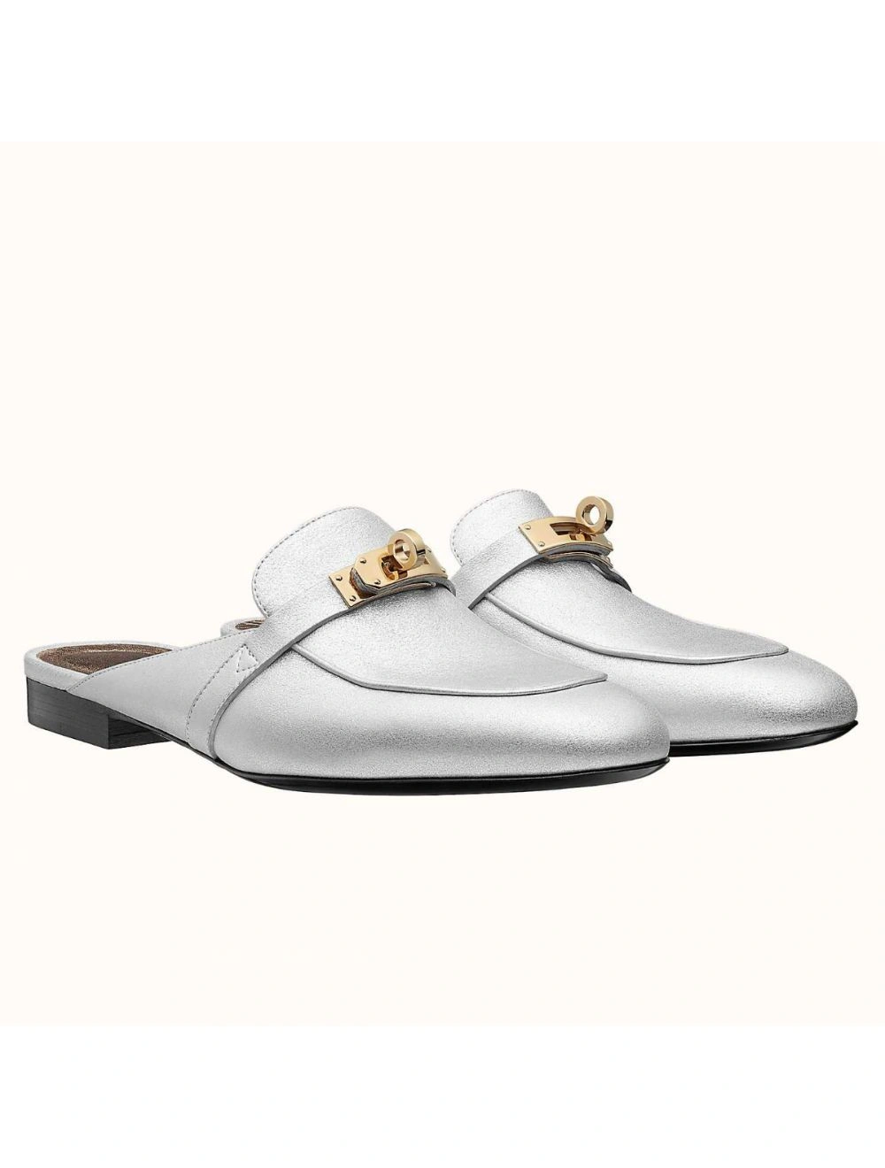 Hermes Oz Mules In Silver Metallic Calfskin