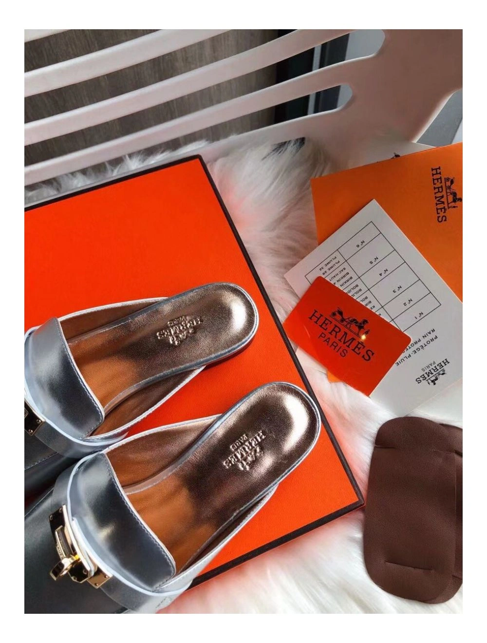 Hermes Oz Mules In Silver Metallic Calfskin