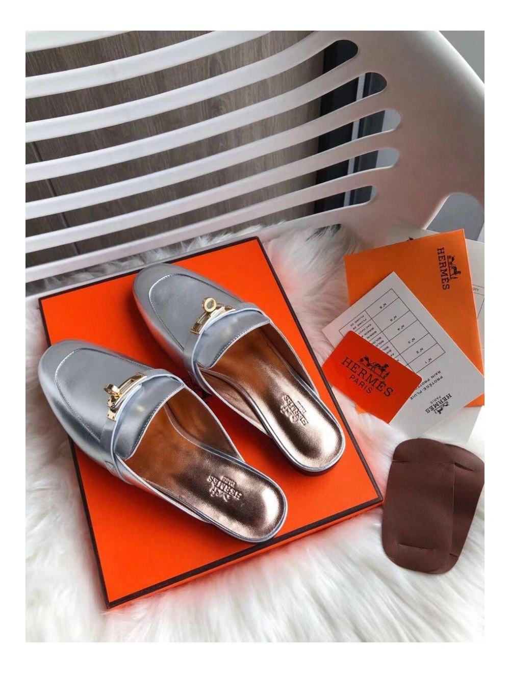 Hermes Oz Mules In Silver Metallic Calfskin