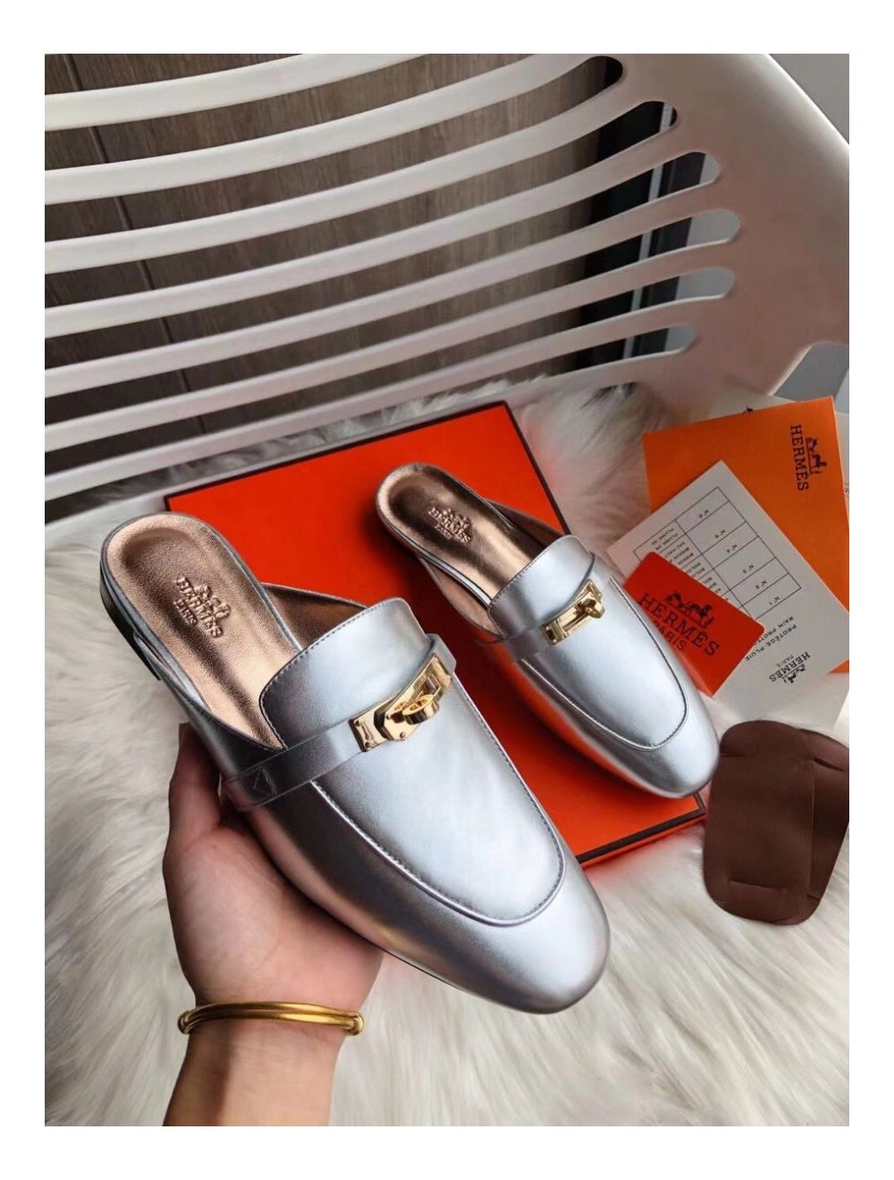 Hermes Oz Mules In Silver Metallic Calfskin