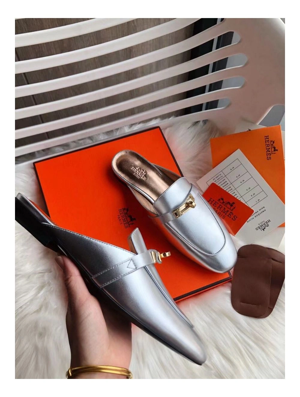 Hermes Oz Mules In Silver Metallic Calfskin
