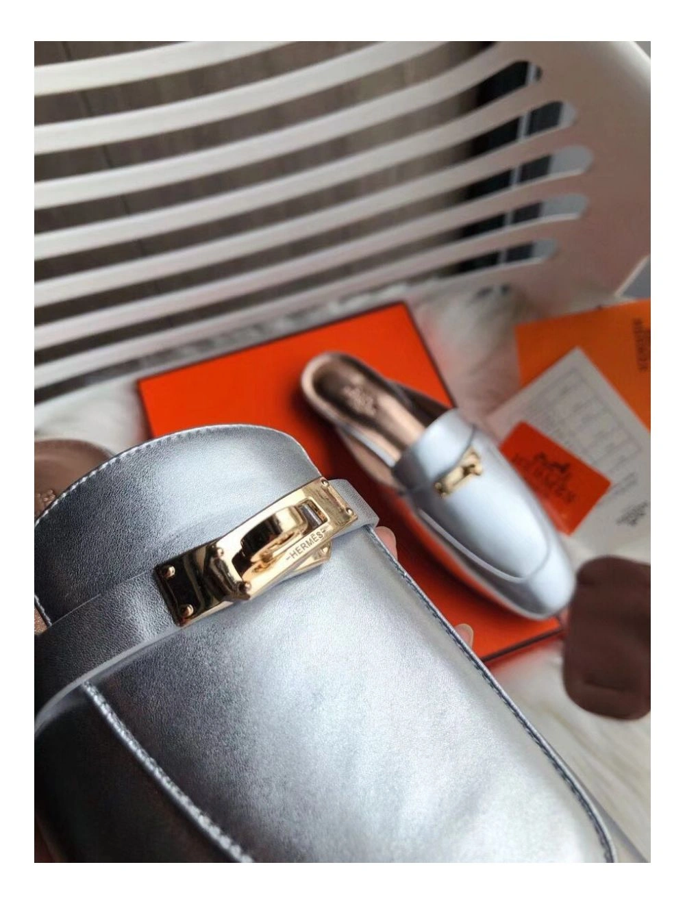 Hermes Oz Mules In Silver Metallic Calfskin