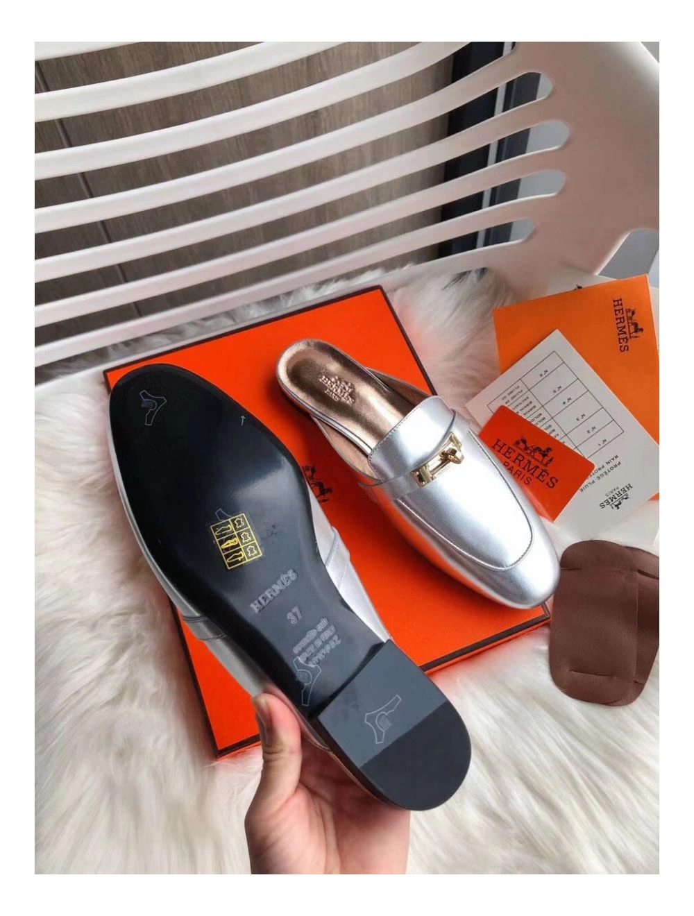 Hermes Oz Mules In Silver Metallic Calfskin