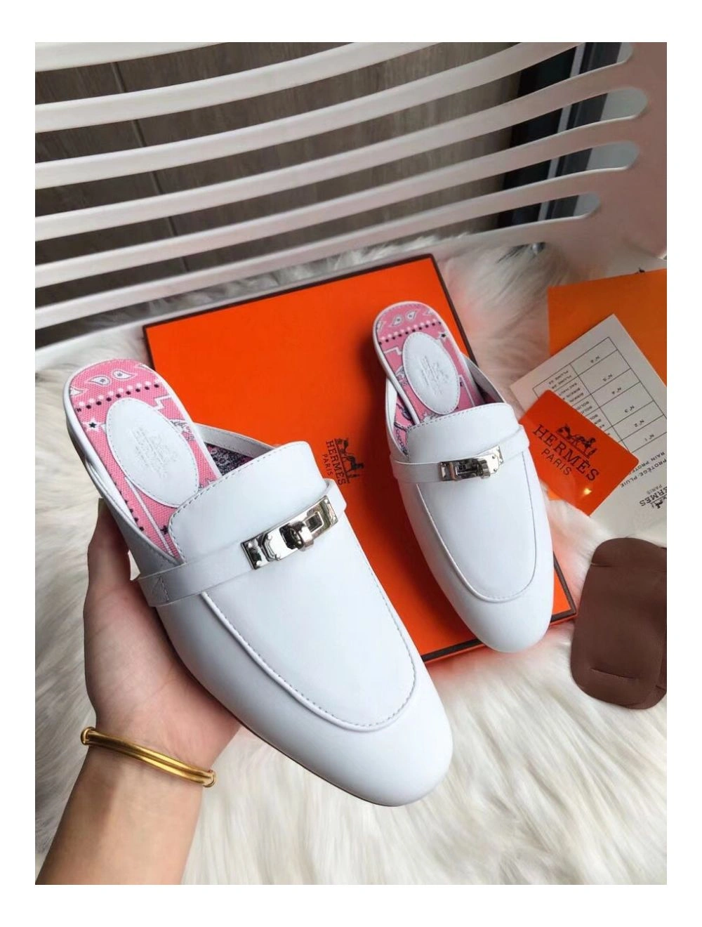 Hermes Oz Mules In White Calfskin