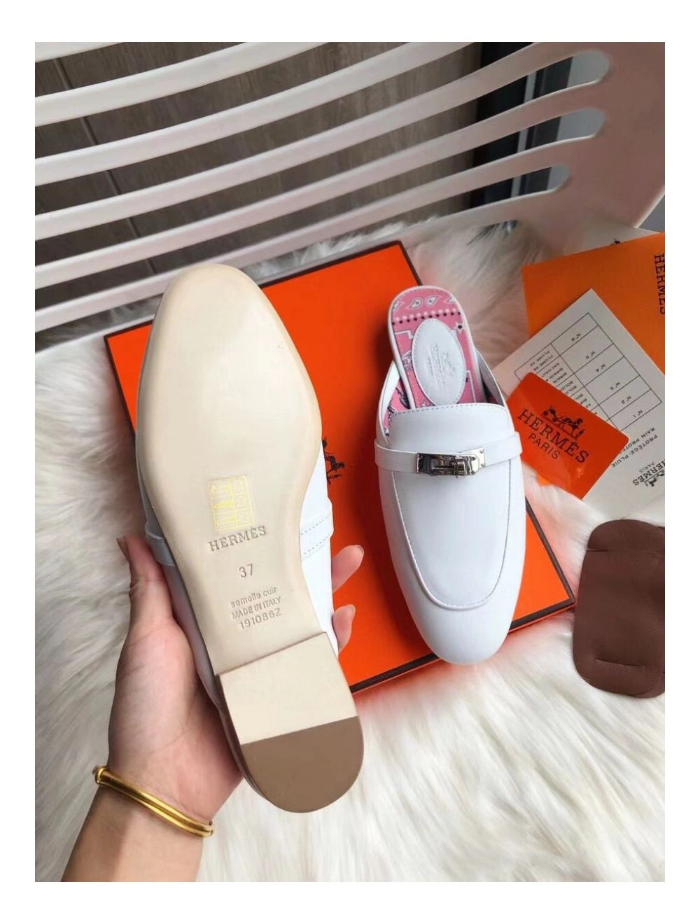 Hermes Oz Mules In White Calfskin