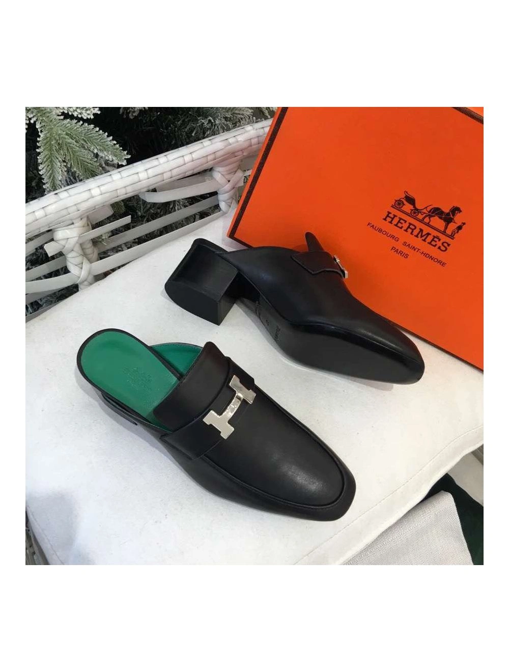 Hermes Paradis Mules In Black Calfskin