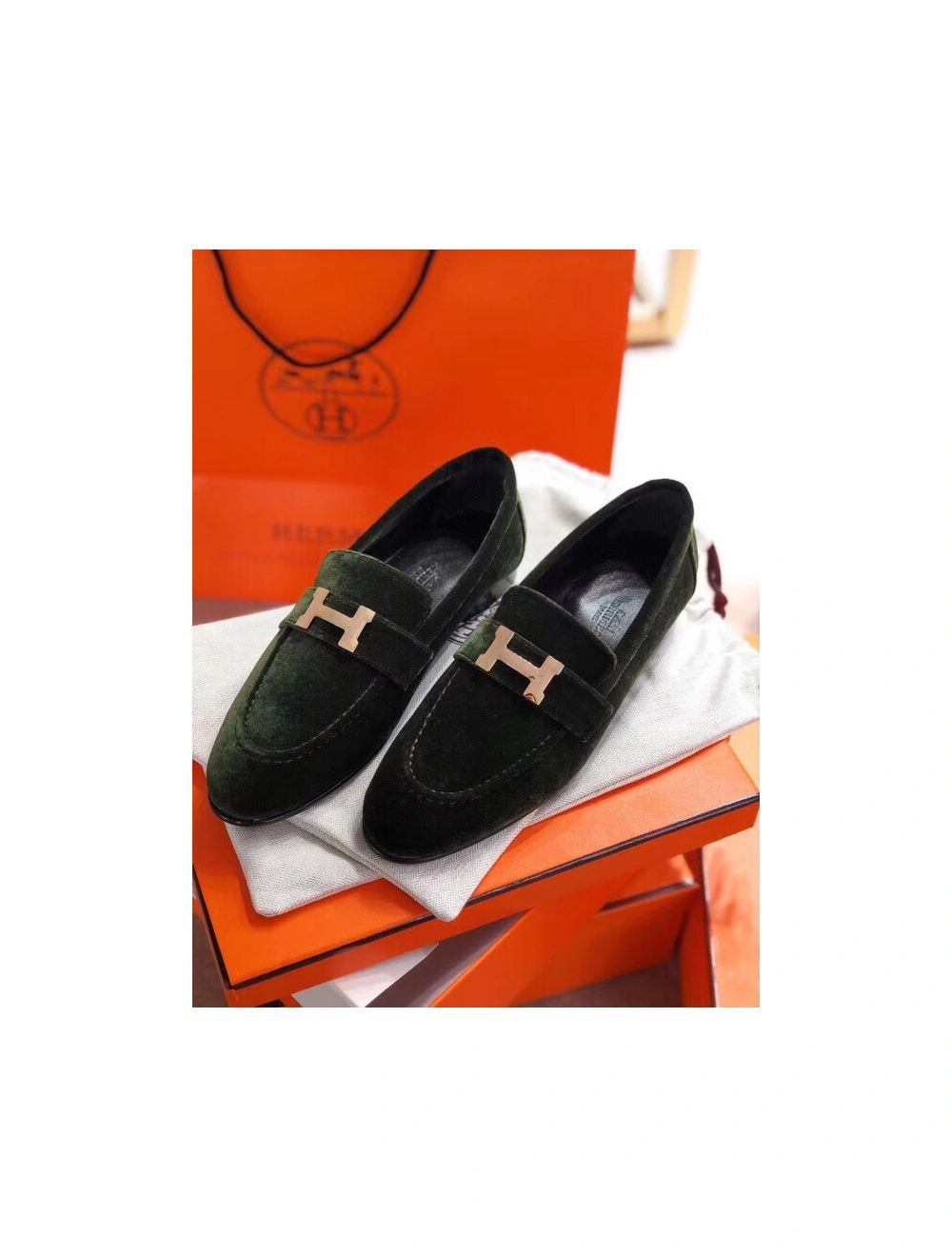 Hermes Paris Loafers In Dark Green Velvet