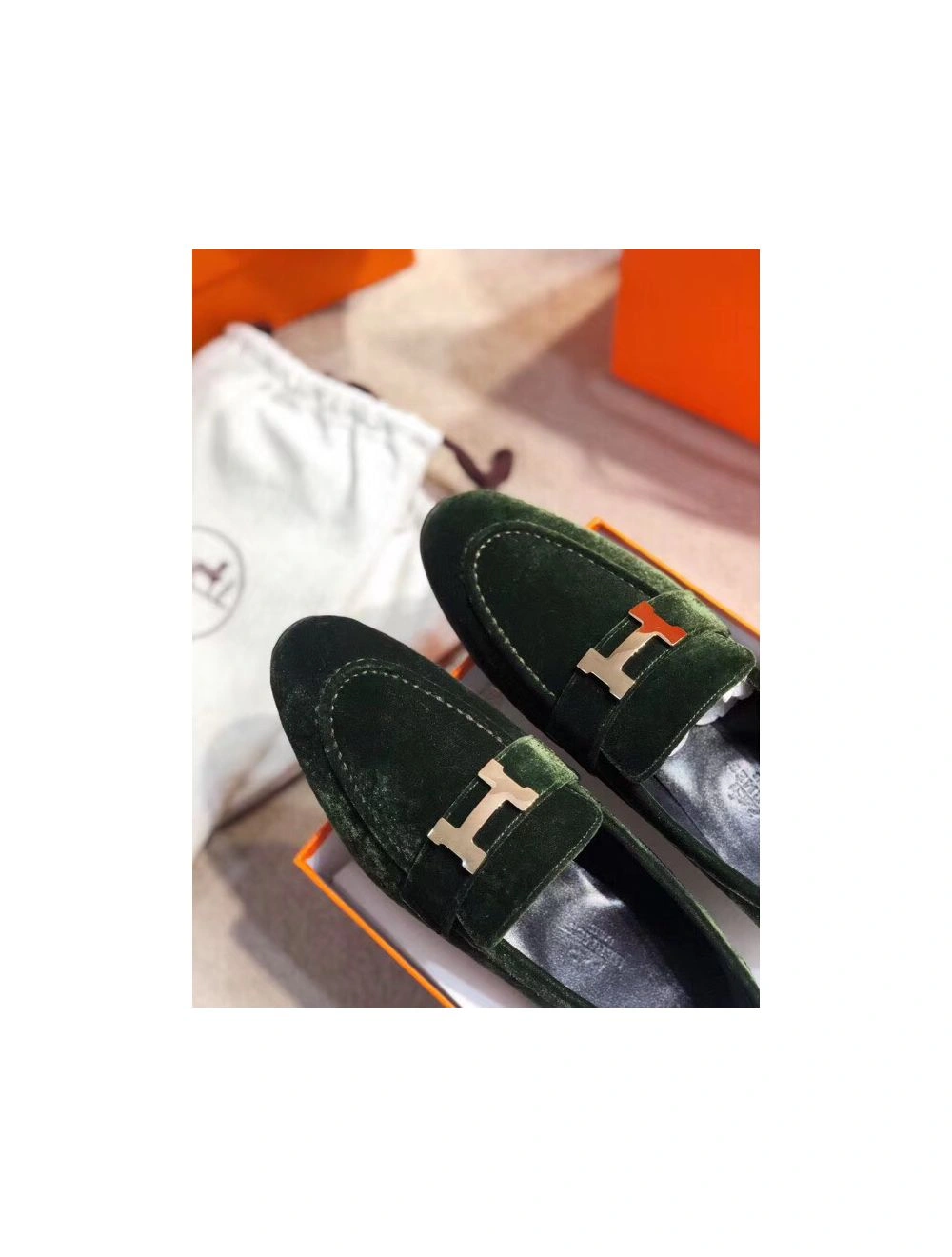 Hermes Paris Loafers In Dark Green Velvet