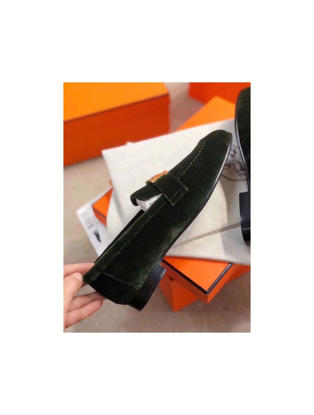 Hermes Paris Loafers In Dark Green Velvet