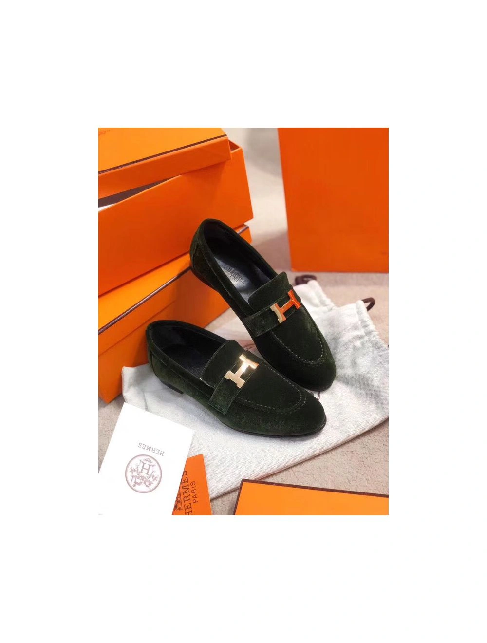 Hermes Paris Loafers In Dark Green Velvet