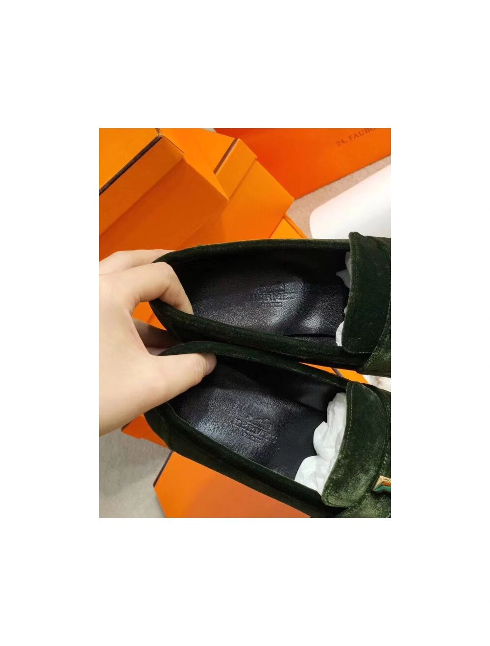 Hermes Paris Loafers In Dark Green Velvet