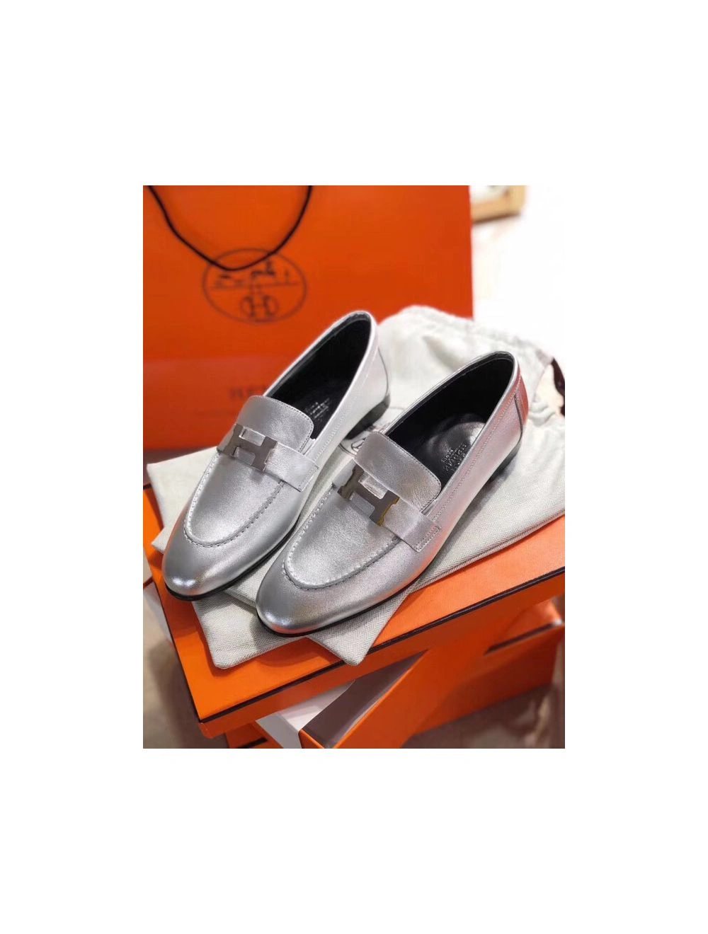 Hermes Paris Loafers In Silver Metallic Goatskin