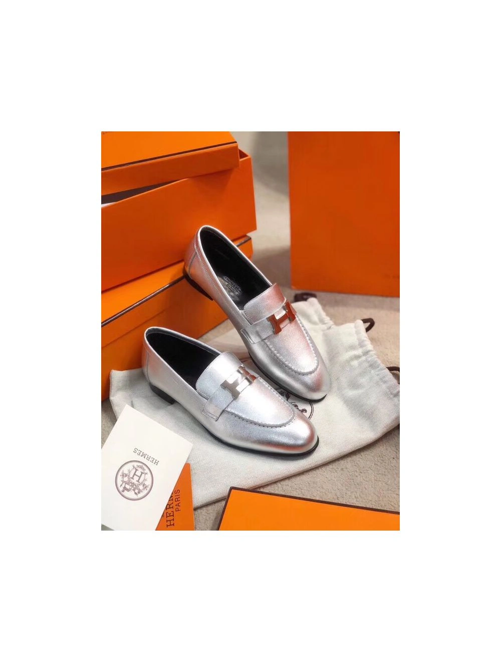 Hermes Paris Loafers In Silver Metallic Goatskin