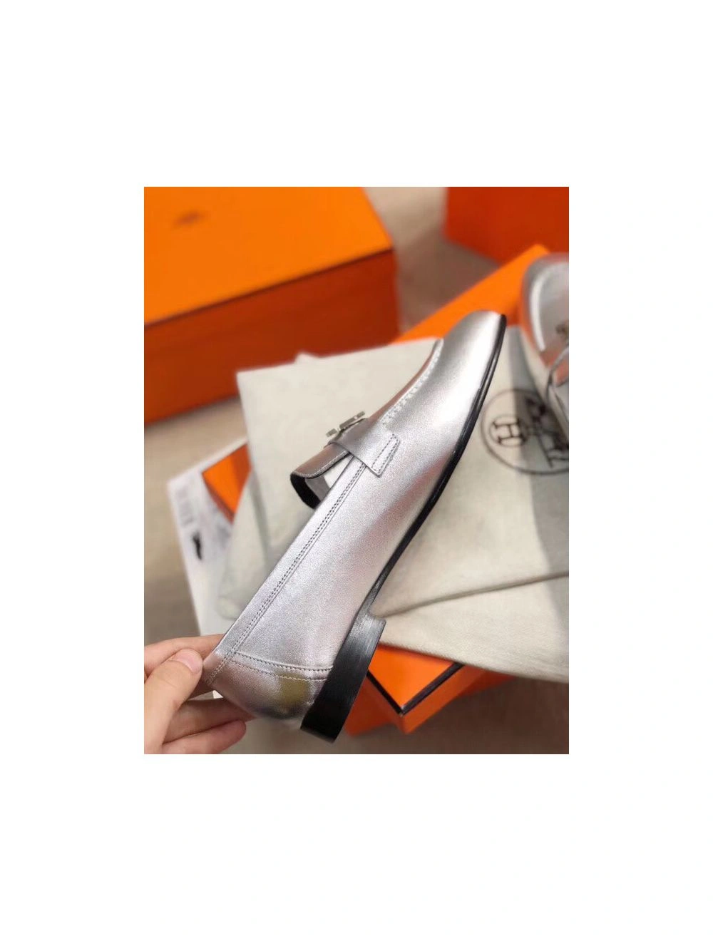 Hermes Paris Loafers In Silver Metallic Goatskin