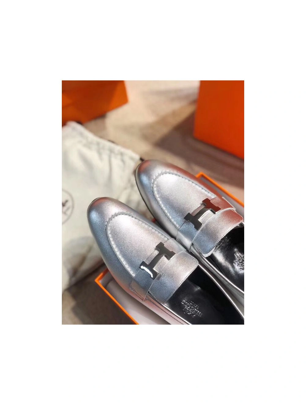 Hermes Paris Loafers In Silver Metallic Goatskin