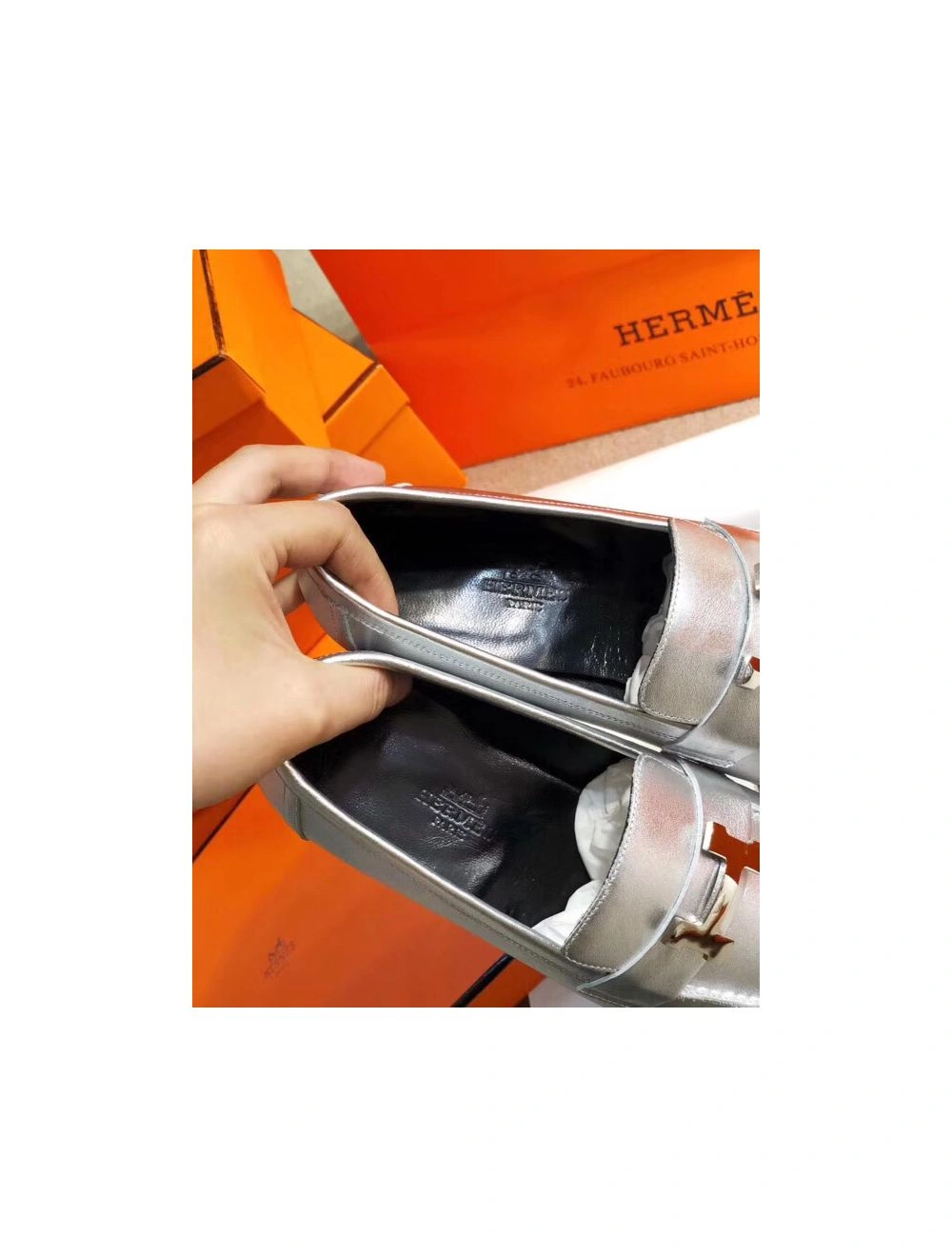 Hermes Paris Loafers In Silver Metallic Goatskin