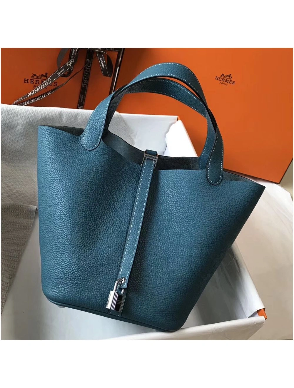 Hermes Picotin Lock 18 Bag In Blue Jean Clemence Leather