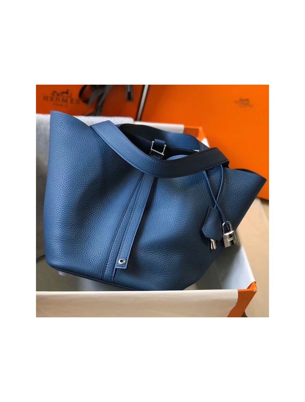 Hermes Picotin Lock 22 Bag In Blue Agate Clemence Leather