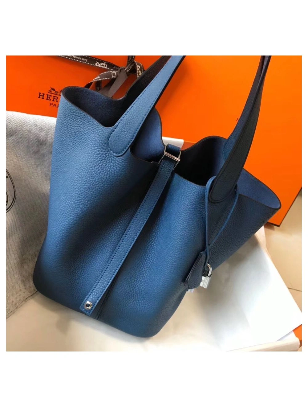 Hermes Picotin Lock 22 Bag In Blue Agate Clemence Leather