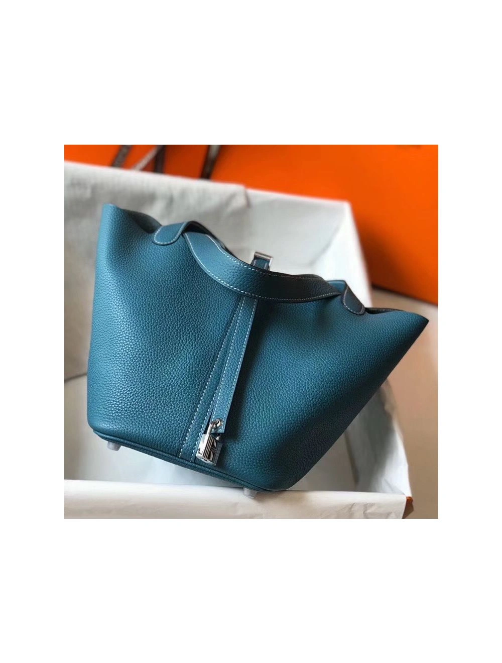 Hermes Picotin Lock 22 Bag In Blue Jean Clemence Leather