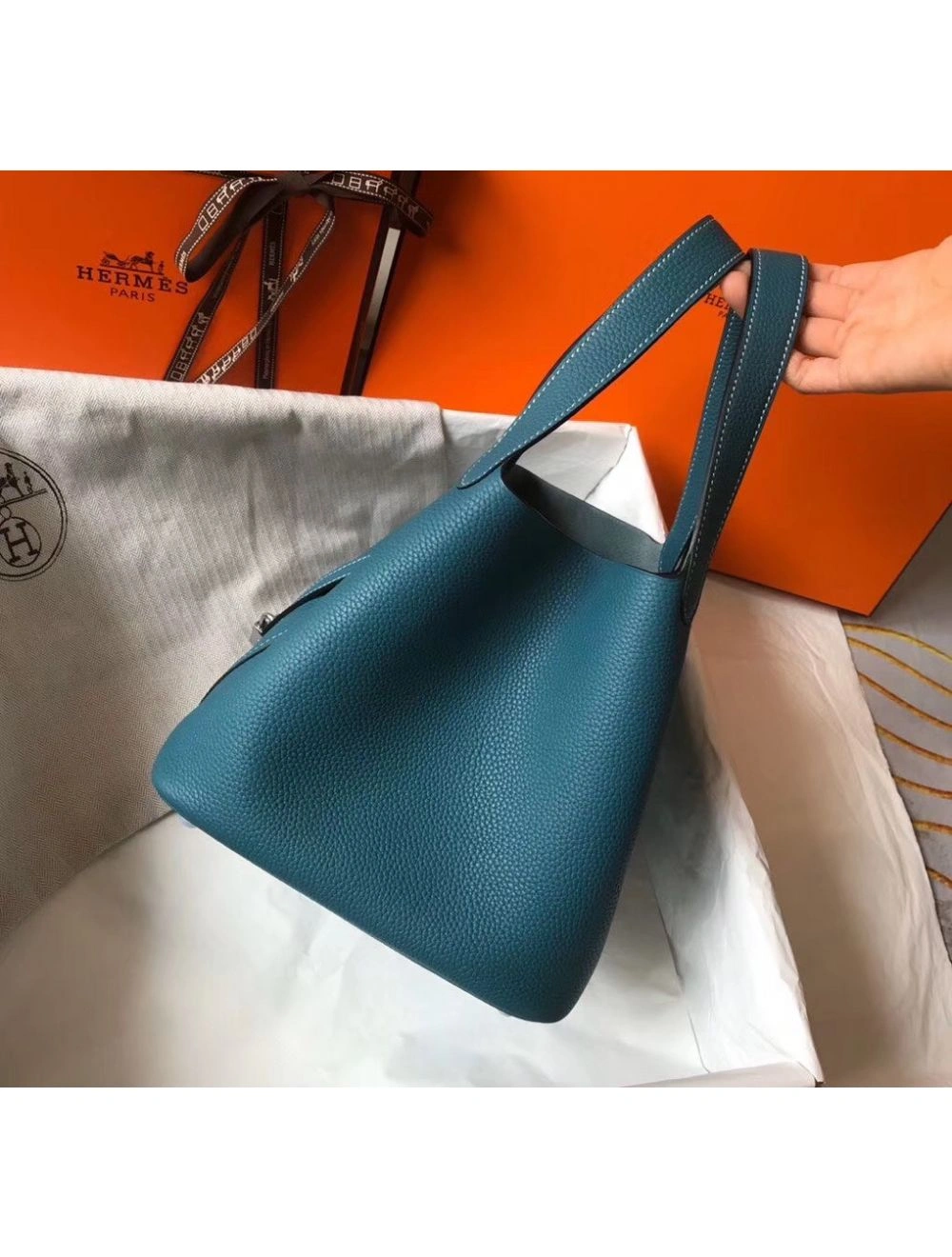 Hermes Picotin Lock 22 Bag In Blue Jean Clemence Leather