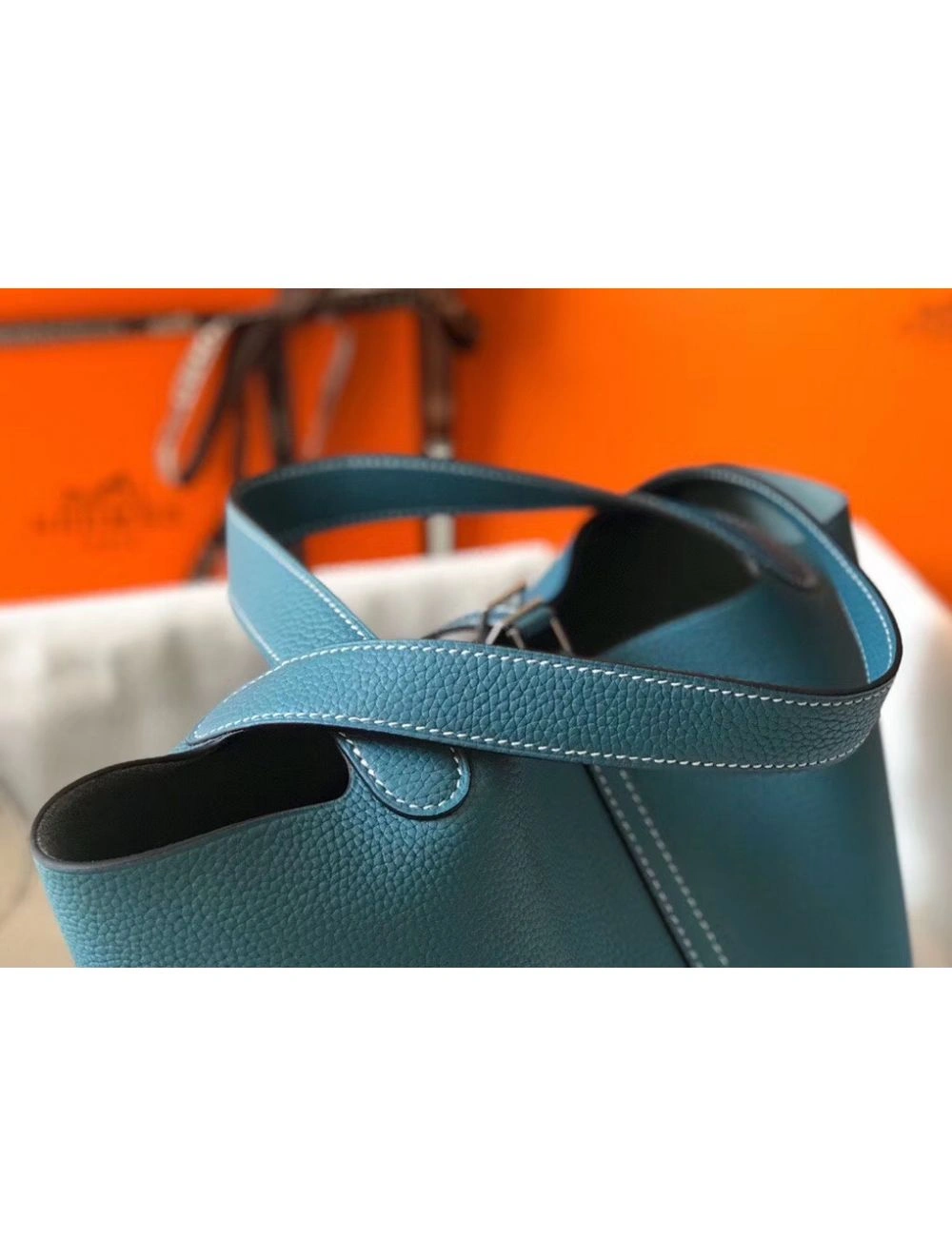 Hermes Picotin Lock 22 Bag In Blue Jean Clemence Leather