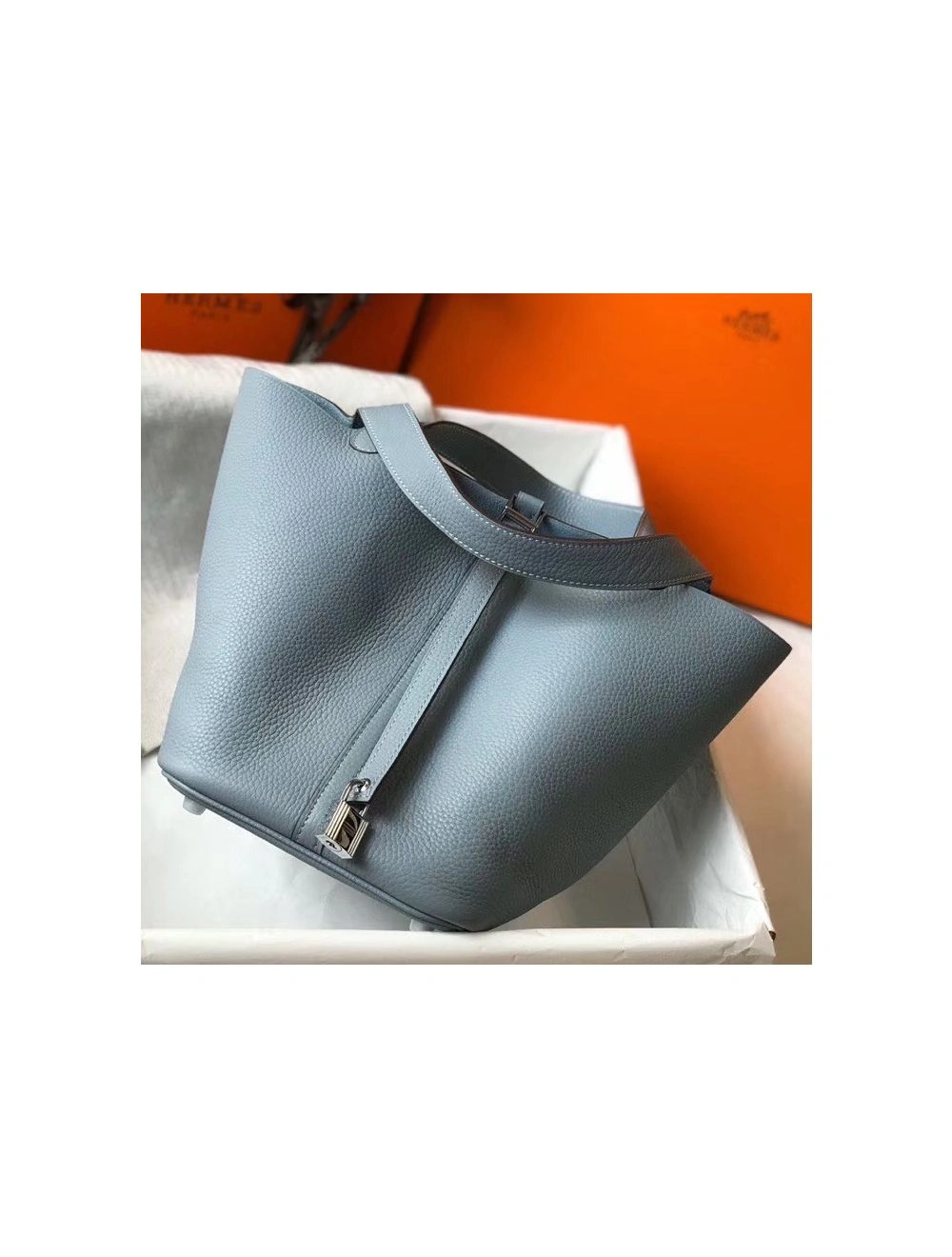 Hermes Picotin Lock 22 Bag In Blue Lin Clemence Leather