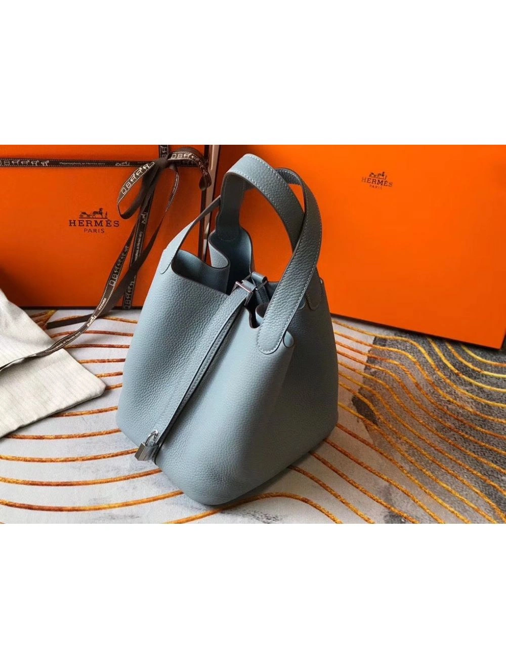 Hermes Picotin Lock 22 Bag In Blue Lin Clemence Leather