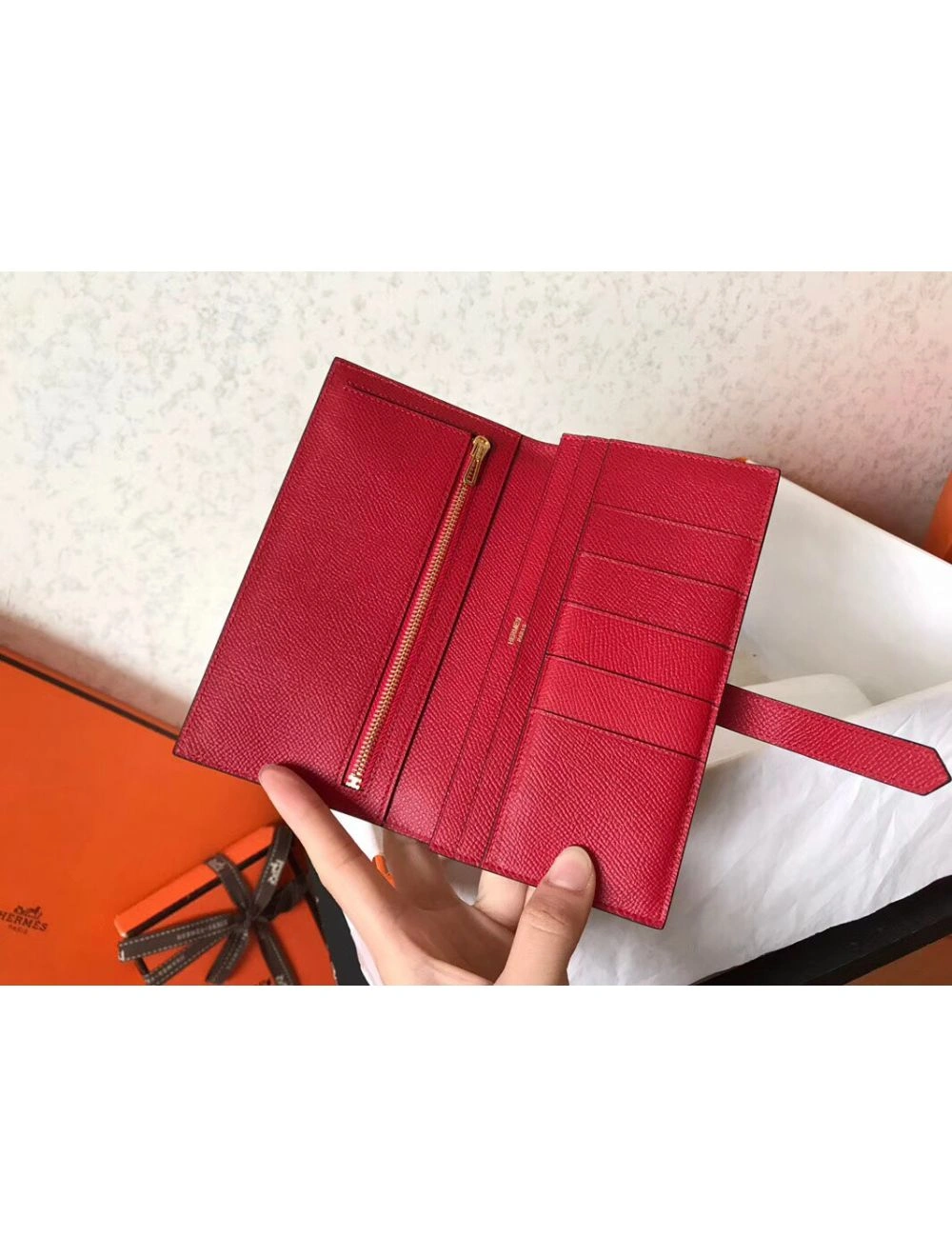 Hermes Red Epsom Bearn Gusset Wallet