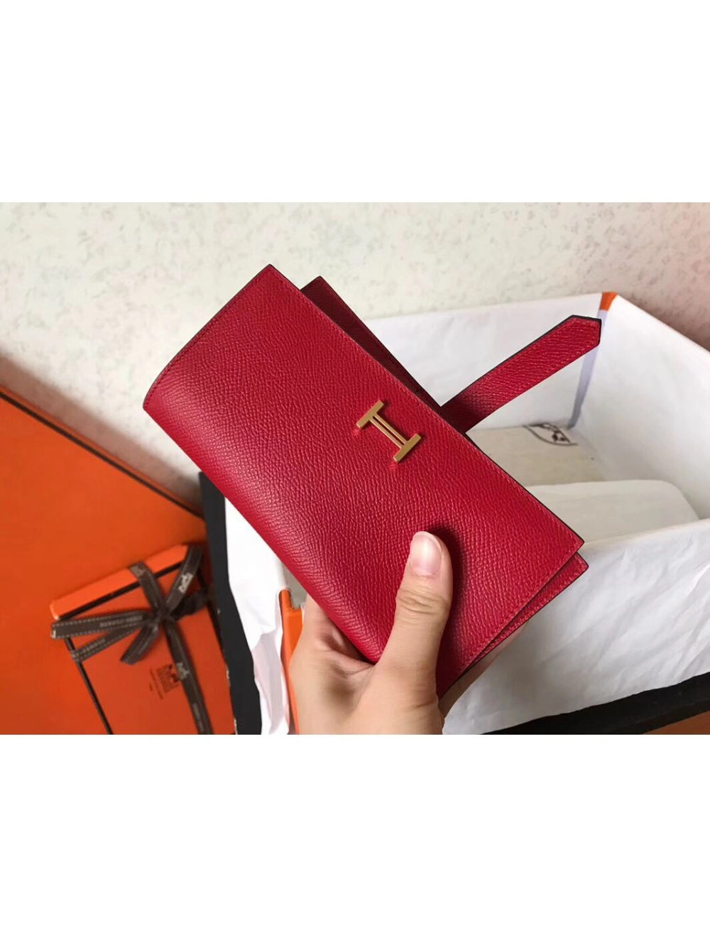 Hermes Red Epsom Bearn Gusset Wallet