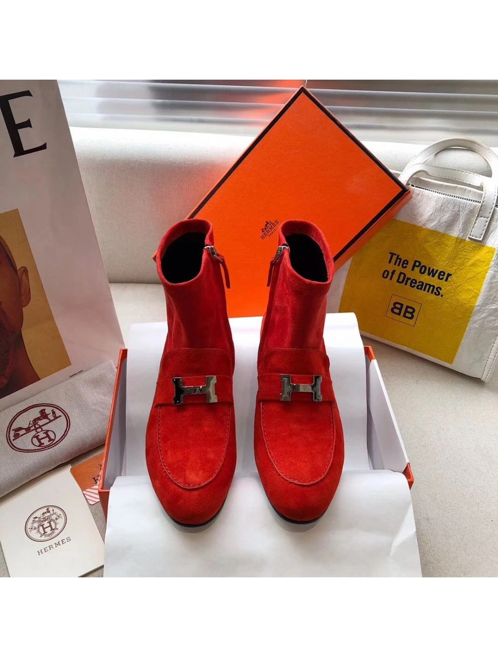 Hermes Red Suede Saint Honore Ankle Boots