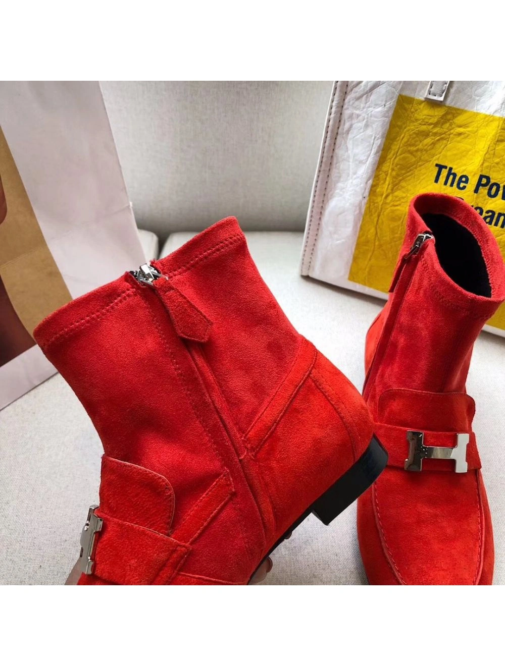 Hermes Red Suede Saint Honore Ankle Boots