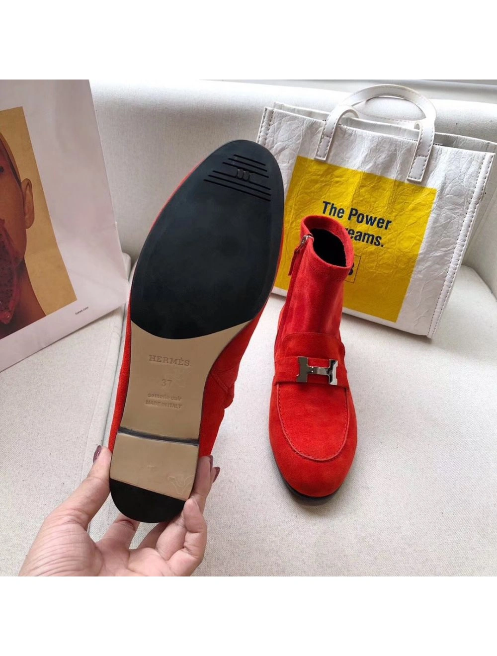 Hermes Red Suede Saint Honore Ankle Boots