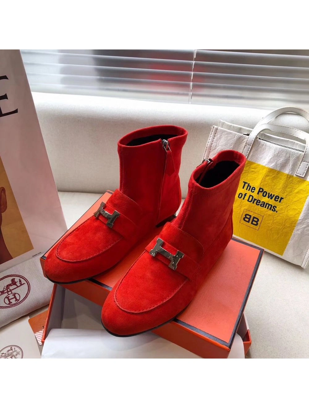 Hermes Red Suede Saint Honore Ankle Boots