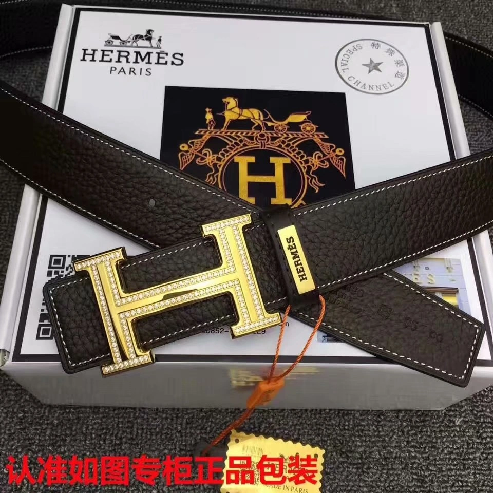 Hermes Reversible Leather Men Belt Width 3.8cm With Diamond 18K Gold Buckle 046