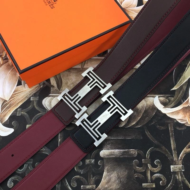 Hermes Reversible Leather Men Belt With Silver Buckle 022