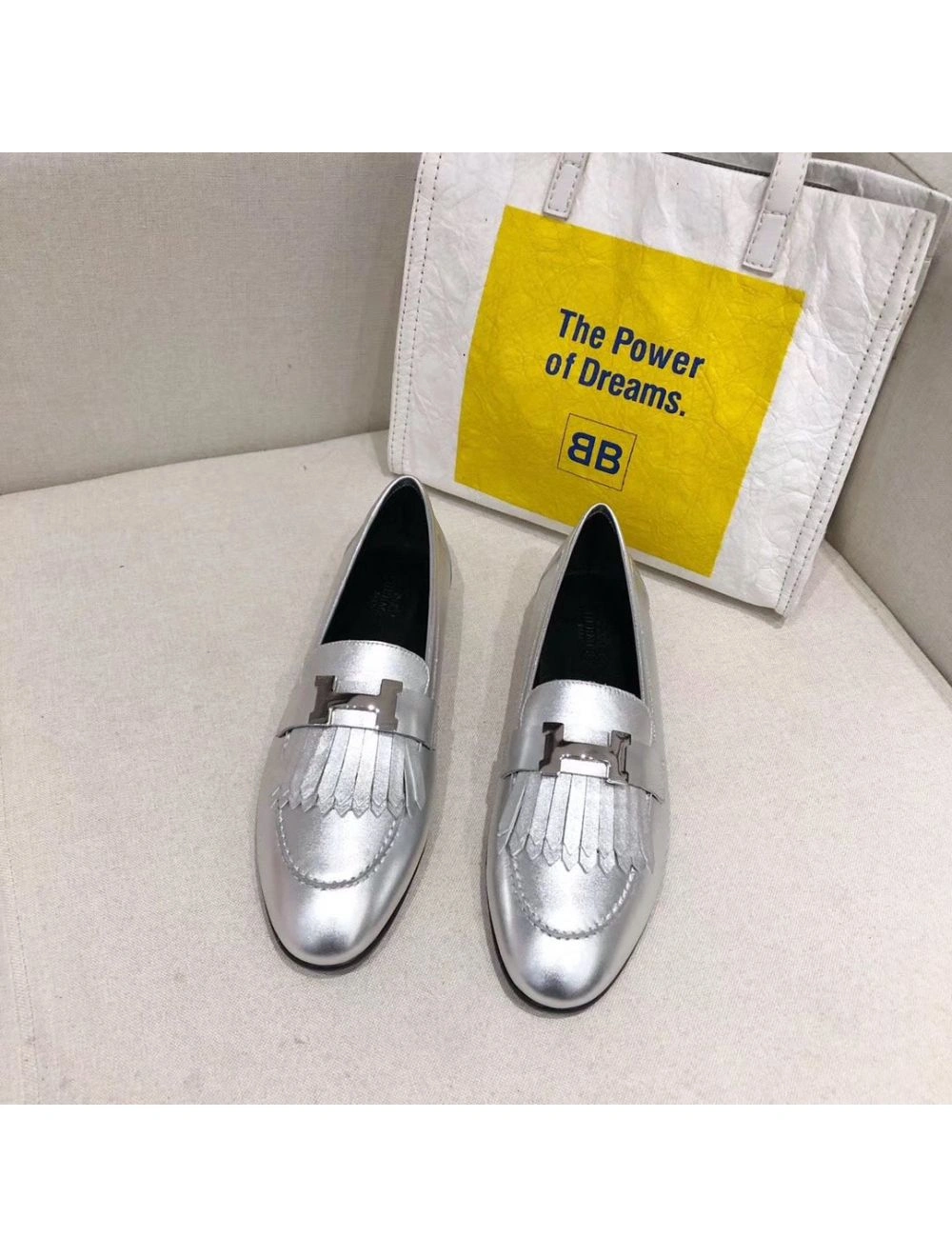 Hermes Royal Loafers In Silver Metallic Lambskin